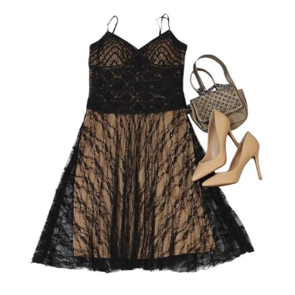 Sue Wong Y2K Black Gold Floral Crochet Lace Tank Midi Slip Dress Size 8 - Picture 5 of 17